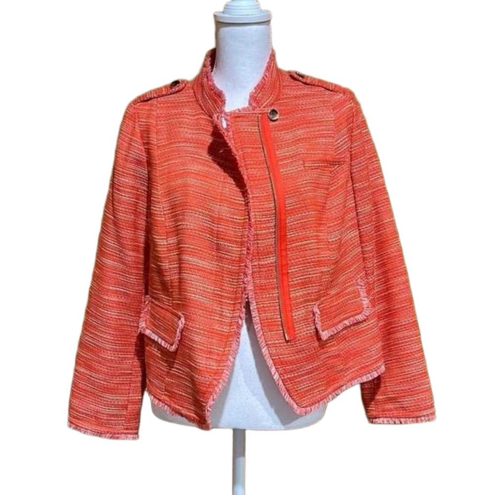 Chico’s Orange Tweed Asymmetrical Zip Front Jacket with Fringe Trim - EUC